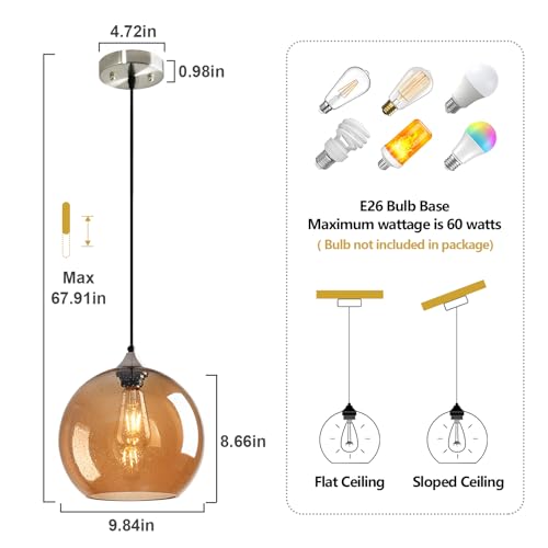 Image of Amber Glass Pendant Lights Kitchen Island Globe Pendant Light Fixtures Modern Pendant Lighting for Bedroom Living Dining Room Light Fixture (9.84 in, 3 Pack)