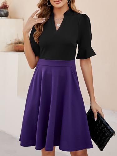 Image of Mokayee Womens Summer V Neck Ruffle Short Sleeve Fit and Flare Knee Length Church Wedding Guest Dresses with Pockets
