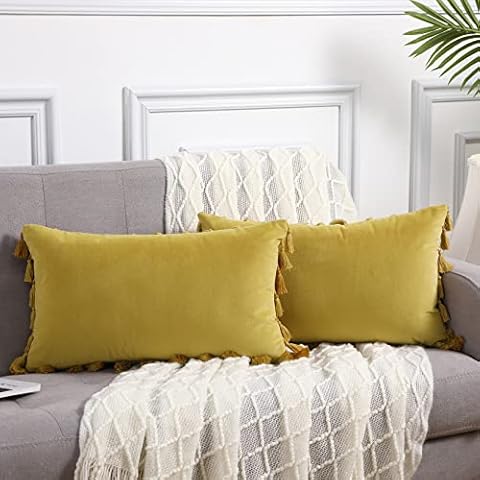 CAROMIO 2 Pack Velvet Cushion Covers Rectangle Yellow Throw Pillow Cases 12x20, Tassel Cushion Cover 30x50cm Boho Plain Design Throw Pillowcase with Invisible Zip for Sofa Bed Couch Living Room Cover