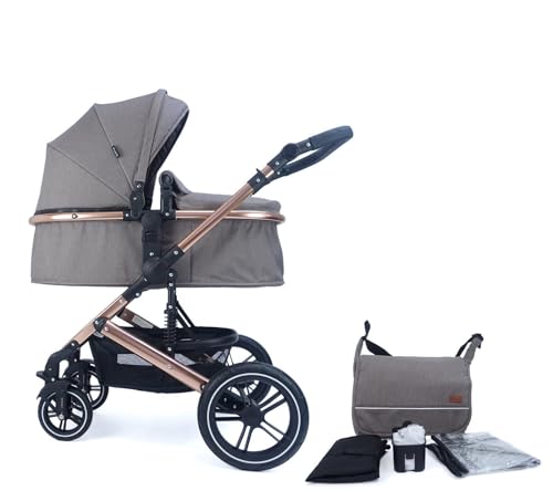 Pixini Neyla Kombi Kinderwagen mit Stoffwanne/Buggy/Wickeltasche/Getränkehalter/Regenplane/Mückennetz/Wickelauflage (gold/braun)