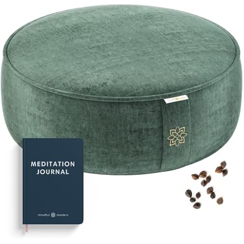 Mindful & Modern Velvet Meditation Cushion | Luxe Zafu Yoga Floor Pillow Seat | Posture Support | Buckwheat Hull Filled | Large Round Cushion with Removable Washable Cover + Carry Handle | Color Green Cover