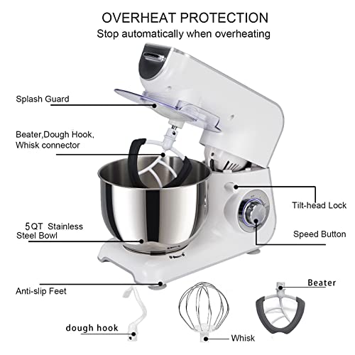 Aifeel Mixer Kitchen Electric Stand Mixers 800W 5QT bowl 5 Speed with Splash Guard, Flat Beater, Dough Hook and Balloon Whisk for Baking, Cake, Cookie, Kneading(Silver) - Thumbnail 5