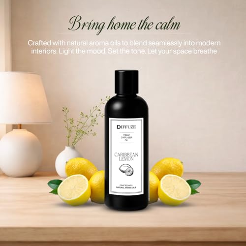 Image of DIFFUZE Caribbean Lemon Essential Oil Reed Diffuser Refill with 10 Fibre Reed Sticks | Citrus Aroma Oil, Fragrance Oil & Diffuser Oil for Home Fragrance | Essential Oil Diffuser for Home