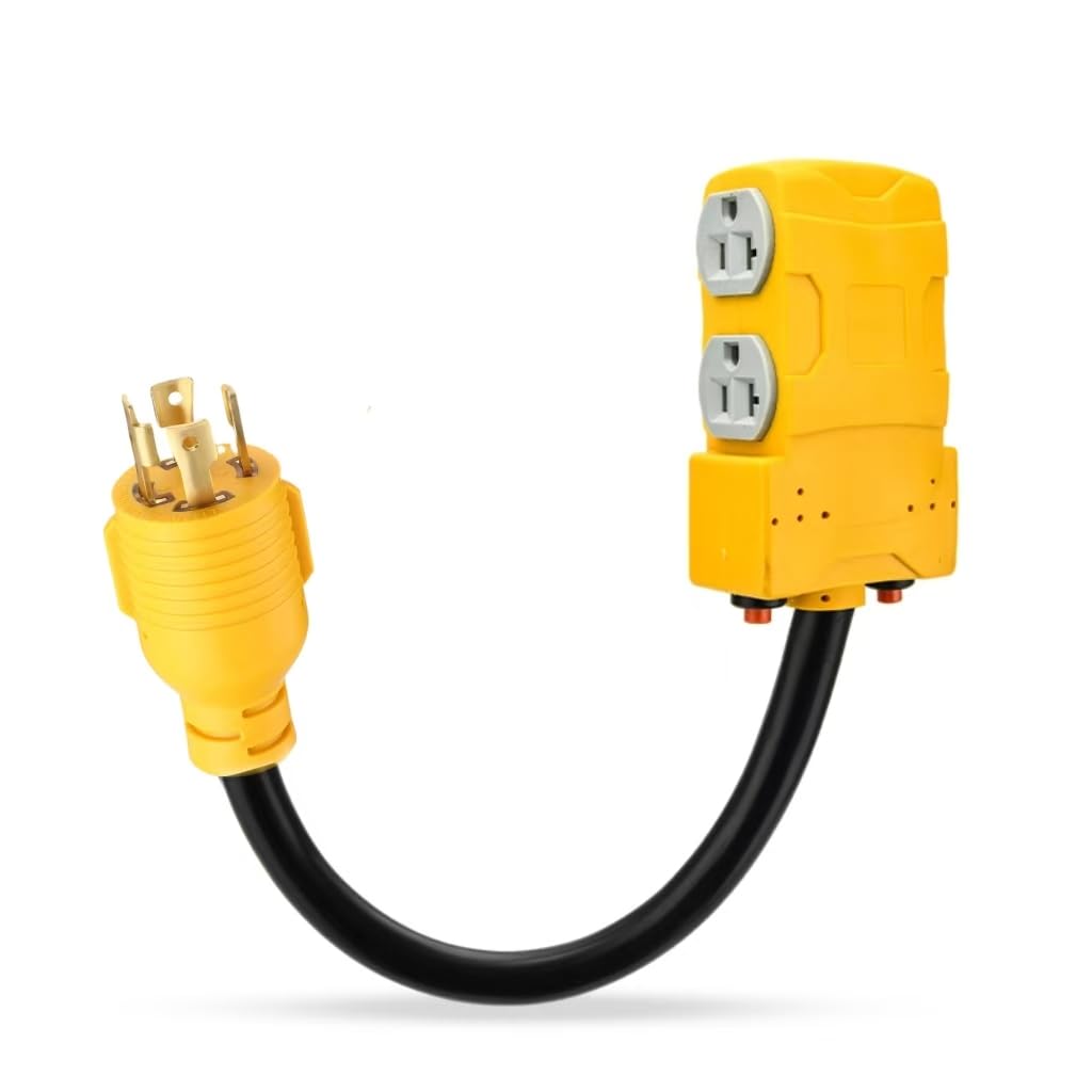 30 Amp to 20 Amp 110V RV Distribution Adapter, TT-30P to 4 X 5-20R/15R RV 4-Prong to Mutiple Household Outlet w/ 20amp Circuit Breaker, RV Generator Distribution Cord Electrical Outlet 1.8FT