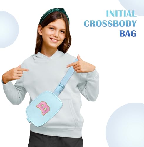 Image of COSHAYSOO Valentines Birthday Initial Gifts for Teen Girls 5 6 7 8 9 10 11 12 13 14 Year Old Blue Fanny Pack for Girls Belt Bag Crossbody Travel Purse Unique Trendy Fashion Stuff Chenille Letter B
