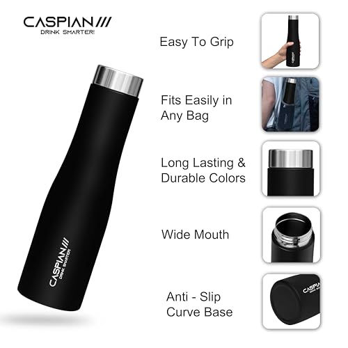 Image of CASPIAN / / / Aqua Stainless Steel Water Bottle (Black, 1 Litre)| Leak Proof Thunder for Fridge Home Office Travel School Kids Boys Girls Adults Sports Gym Yoga