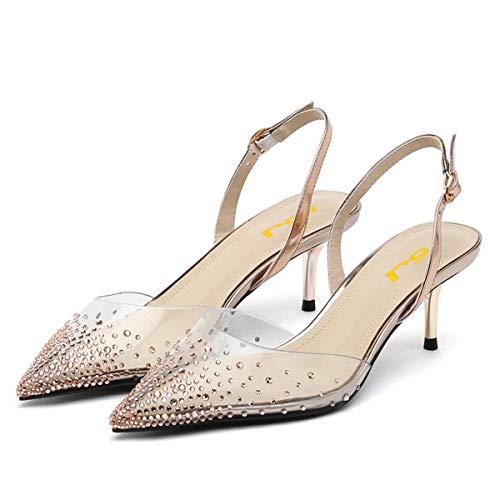 FSJ Women Crystal Studded Clear Pumps Sparkle Rhinestones Mid Low Heel Sandals Slingback D'orsay Pointed Toe Wedding Shoes Size 4-15 US3