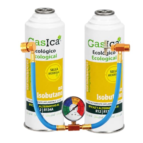 GASICA D2 PACK AHORRO CARGA AIRE ACONDICIONADO COCHE 2 ENVASES 226gr + MANOMETRO CON VÁLVULA Y ENLACE COCHE COMPATIBLE CON R134 R12