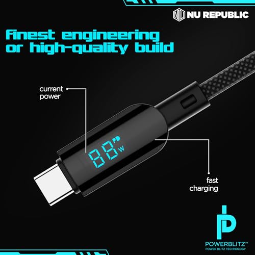Image of Nu Republic Blaze Fusion Spot 100W with Over 70K bend life, 60K insertion tested, Powerblitz Technology, Led Display Indicator, Nylon Braided Carbon Data Charging Cable (Type-C To Type-C, Black)