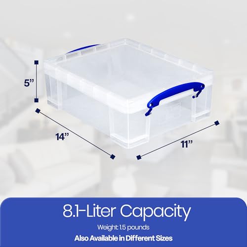 Image of Really Useful Box Stackable 8.1L Plastic Storage Container, 10 Pack | Bin with Snap Lid & Built-In Clip Lock Handles for Home & Office Organization