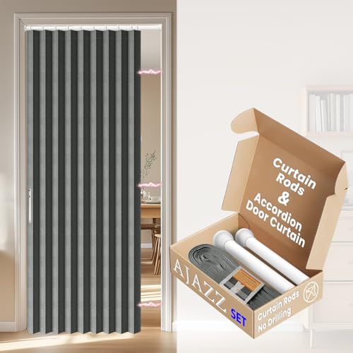 AJAZZ Blackout Accordion Door Invisible Folding Accordion Doors Interior Magnetic Door Curtain for Bedroom Living Room Doorway Curtain Sets Included Rod (1 Pack 43W x 78 L Dark Grey)