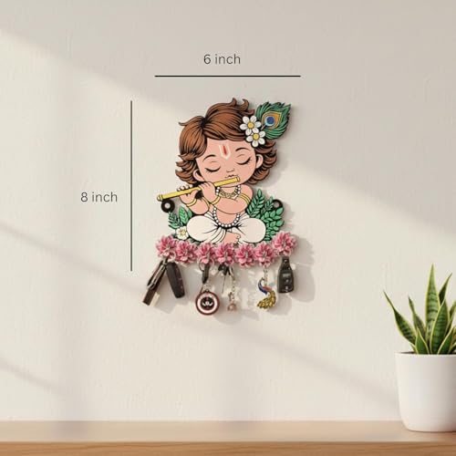 Image of JIVAY Baby Krishna Decorative Wall Mounted Key Holder for Home | Wooden Key Hanger with 7 Hooks | Designer Key Stand for Living Room, Entrance & Office | Home Decor Gift Item (Pink Krishna Key Holder)