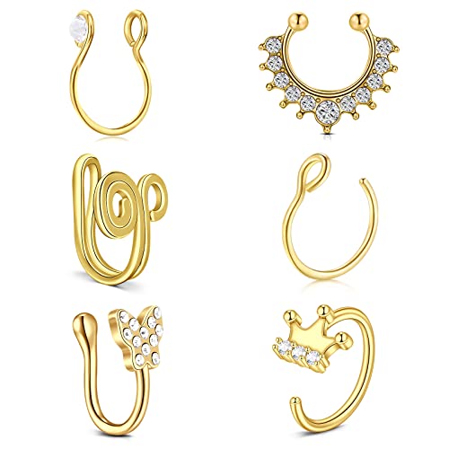 VF VFUN 6 PCS Faux Anneaux au Nez Acier Chirurgical Faux Piercing Septum Anneau de Nez à Clipser Nose Cuff Non Piercing Bijoux pour le Piercing du Nez pour Femme Homme-Or Cover