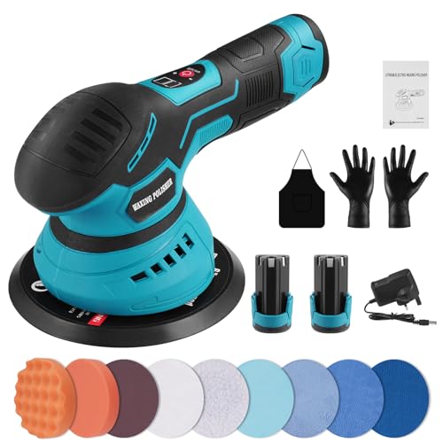Sararoom 15cm 6inch Cordless Buffer Polisher with 2 x 2000mAh Lithium Battery, 12V Car Polisher with 14 PCS Attachments, Car Buffer Polishing Machine 8 Speeds 2800-5500RPM for Car/Leather/Wood/Glass