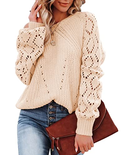 Image of Womens Fall Sweaters Fashion Crochet Long Sleeve Off The Shoulder Clothes Cute Crewneck Knit Pullover Jumper Tops