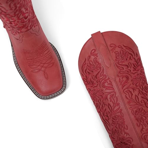 Women's Embroidered Cowboy Boots Knee High Cowgirl Riding Boots Low Block Heel Comfortable Pull On Western Square Toe Tall Boots3