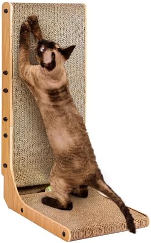 EHEYCIGA Cardboard Cat Scratcher for Indoor Cats, 26.8 Inch L Shaped Vertical Cat Scratching Board with Ball Cat Toy, Large Cat Scratcher Pad, Brown