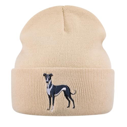Geyoga Animal Embroidered Winter Hat Sausage Dog Gift for Women Unisex Warm Beanie Cap for Dachshund, Labrador, Cocker, Pet Lover(Beige,Whippet)