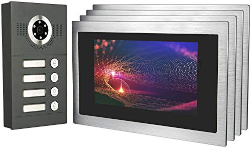 IP Video Türsprechanlage, Aufputz-Türstation IP65, 4X 10 Zoll Monitor, App, HD-Kamera 115°, Türöffner-Fkt, 32GB Speicher, PoE-Switch, 4