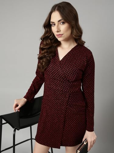 Image of SHOWOFFFF Women Self Design Wrap Party Dress | V Neck Full Sleeves Jersey Dress for Womens | Above Knee Dress for Women's