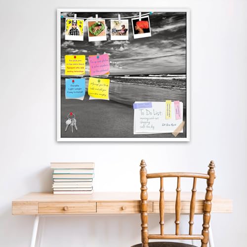 Image of ArtzFolio Sea, Air, & Land Monochrome Contrast | Bulletin Board Notice Pin Board | Vision Soft Board Combo with Thumb Push Pins & Sticky Notes | White Frame | 24 x 24 inch (61 x 61 cms)