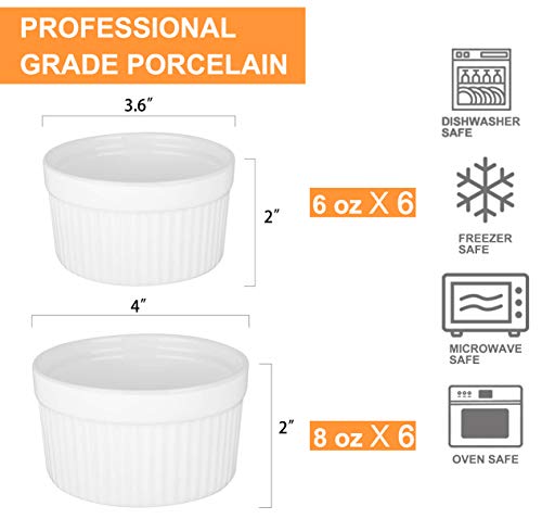 12 Pack Porcelain Souffle Dish Ramekins for Baking – 6 Ounce x 6, 8 Ounnce x 6 - White Ramekins Bakeware Set Baking Cups for Creme Brulee Desserts Puddings Custard Ice Cream Lava Cake Snacks