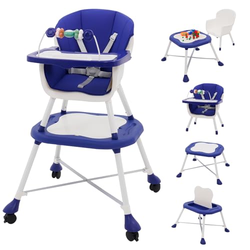 Trona de Bebé 6 en 1 Tronas Bebe Portatil con Silla Comedor Trona Evolutiva,Reposapiés,Juguetes,Ruedas,Cinturón,Bandeja Extraíble, Tronas Evolutiva Bebe para niños 6 Meses a 6 Años