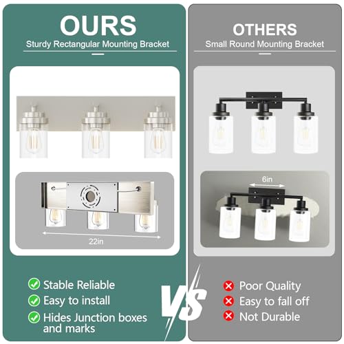 Image of IZORRO Bathroom Vanity Light Fixture, 3-Light 22 Inch Brushed Nickel Bathroom Light Fixtures Over Mirror, with Clear Glass Shade, Modern Farmhouse Vanity Lights, Rustic Restroom Lighting Fixtures