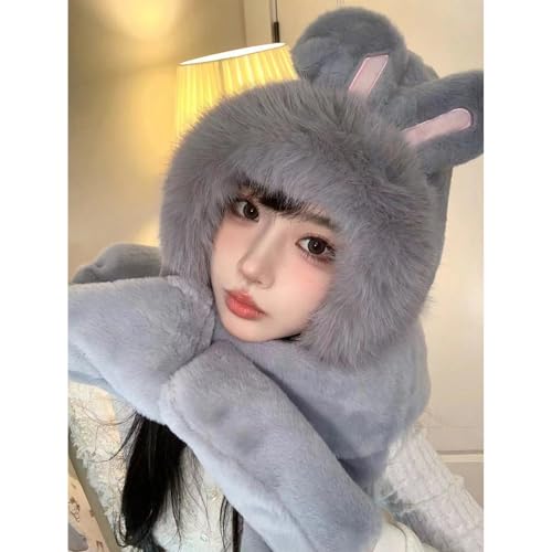 Womens Soft Faux Fur Plush Bunny Winter Hat Cute Rabbit Ears Hooded Scarf Hat Gloves Warm Hood Hat Scarf2