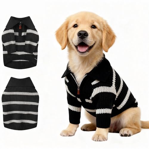 Image of Small Dog Sweater with Zipper, Knitted Striped Pullover Dog Clothes for Cold Weather, Thick Warm Cozy Stretchy Sweater for Chihuahua, Bulldog, Dachshund, Pug(Black & White Strip, XXL)