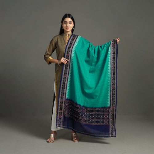 Image of Cotton Dupatta with weaving and Ikat woven border from the Weavers Stole for Girls & Women