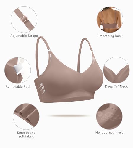 Image of DEANGELMON V Neck Bra Padded Seamless Adjustable Straps Bralettes Everyday Basic Sleeping Bras Multiple Pack