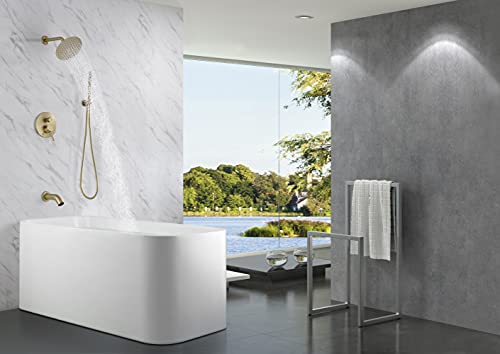 Image of SUMERAIN Bathroom Brushed Gold Rain Shower System with Tub Spout | Tub and Shower Set, Brass Hand Shower, 8 inch Shower Head, Brass Rough in Valve, Concealed Box Design