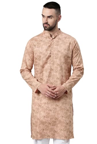 Image of Majestic Man Men's Cotton Regular Fit Casual Mandarin Collar Ethnic Motifs Printed Long Regular Kurta