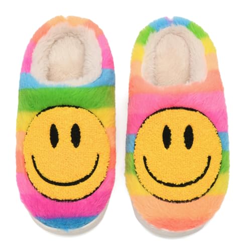 Cute Smile Face Slippers, Fuupnn Retro Soft Plush Furry Fluffy Indoor Outdoor Shoes Comfy Warm Fleece Lined Fuzzy Slip-on Cloud sliders with Memory Foam Happy Face Slippers Couples Cute Cartoon Non Slip Smile Slippers for Winter2
