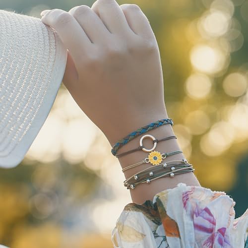 FANCY SHINY Sunflower String Bracelet Handmade Braided Rope Charms Boho Surfer Bracelet for Women Easter Gifts2