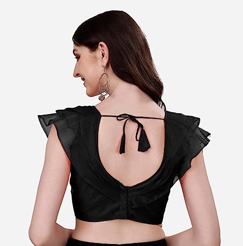 Image of Pujia Mills Women's V Neck Orgenza Three Layer Ruffle Sleeve Frill Readymade Saree Blouse