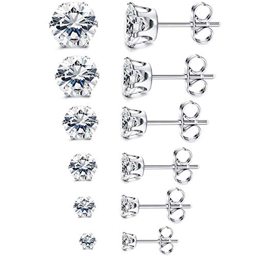 FIBO STEEL Stainless Steel Womens Stud Earrings Cubic Zirconia Inlaid,3mm-8mm 6 Pairs