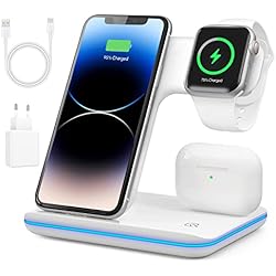 Seneo Cargador Inalámbrico De Carga Rápida Cargador Inalambrico, Wireless Charger 3 en 1, Base de Carga Compatible con Apple Watch, Estacion de Carga Para iPhone 14/13/12/11/XR/XS/X/8 y iWatch 8/SE/7/6/5/4/3/2 y Airpods Pro2/Pro/3/2/1