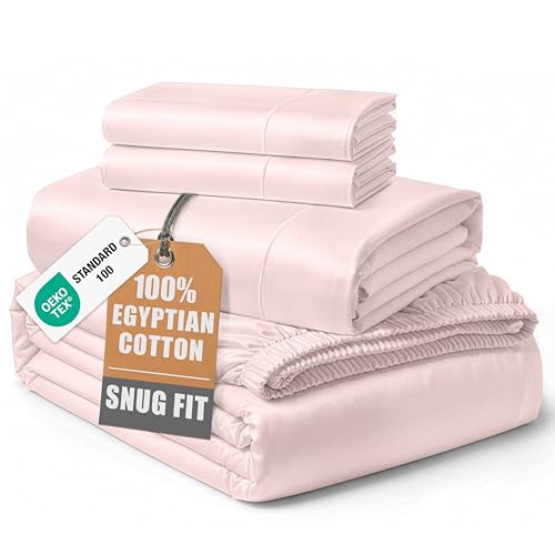 Image of LANE LINEN King Sheet Set Cotton 100% Egyptian Cotton Sateen - Petal Pink | Sateen Sheets King Size - 4-Piece Set, For A Luxurious Night's Sleep, For Guests And Everyday Use, Luxe Sheen,