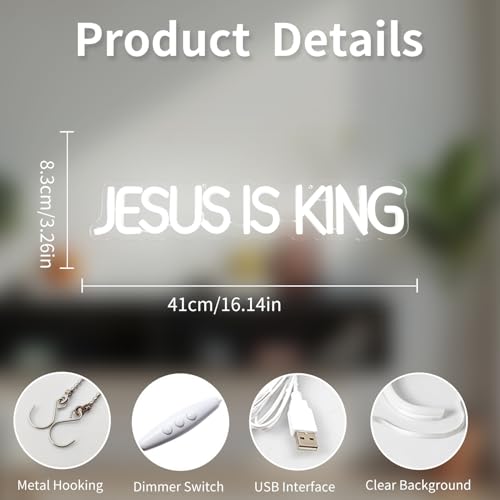 Image of Jesus Is King Neon Sign Jesus Led Sign Dimmable Christ Is King Neon Light Sign Easter Lights God Light Up Sign for Christian Wall Decor Easter Christmas Gifts