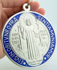 Miniatura 4 de Medalla de San Benito con esmalte rojo y azul, 4 pulgadas, Plata, N A