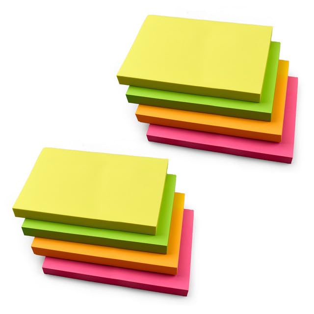 8 Pads Rectangular Sticky Notes 127 x 76 mm (5" x 3") Neon Colours Yellow, Pink, Green, Orange | 100 Sheets per Pad | Self-Stick Notes for Office, School, Home