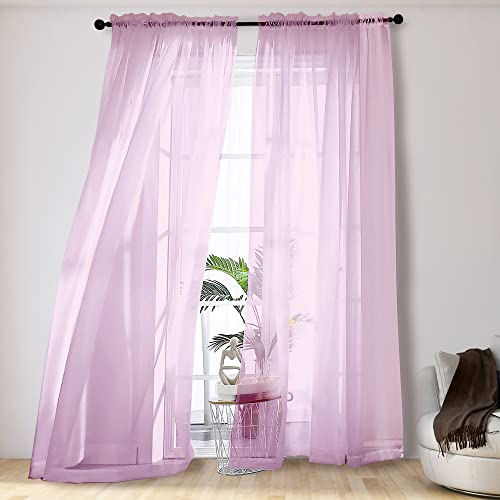 Image of OVZME Light Pink Sheer Curtains 108 Inches Long, Light Filtering Semi Transparent Lightweight Voile Rod Pocket Window Curtains for Bedroom, Living Room, W42 x L108, Set of 2 Drape Panels