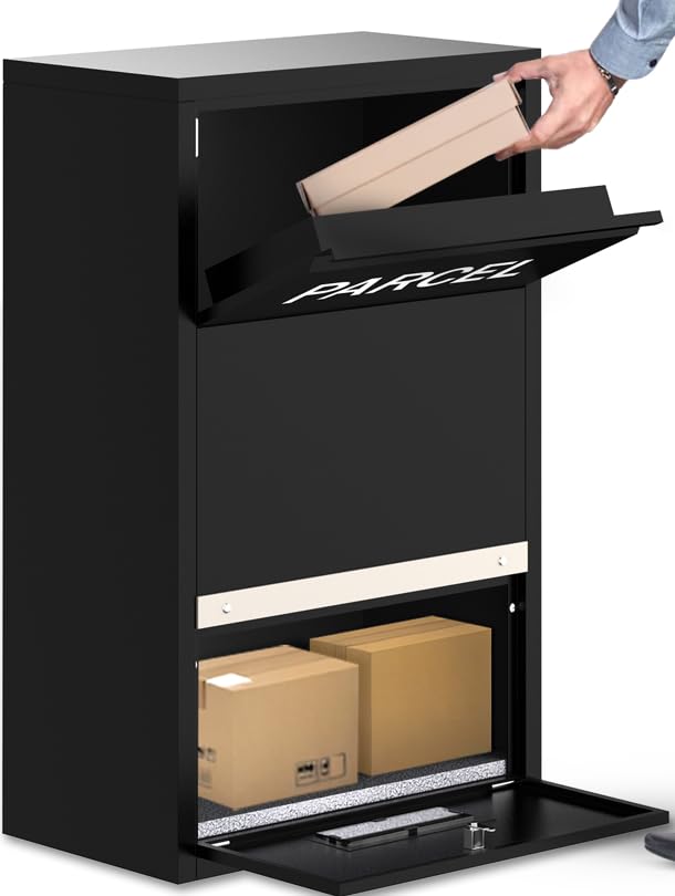 BELOFAY Wall or Floor Mounted Parcel Box, Lockable Outdoor Parcel Delivery Box, Weatherproof Steel Drop Box with Flip Lid & Secure Front Door Access, Black, 26.5D x 26.6.W x 75Hcm
