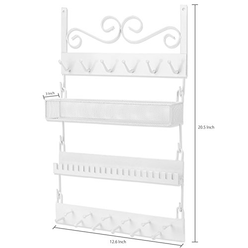 Mygift 4-Tier Wall Mounted White Metal Hanging Jewelry Organizer With 18 Hooks, Earring Holder And Necklace, Bracelet Display Rack #TOP4
