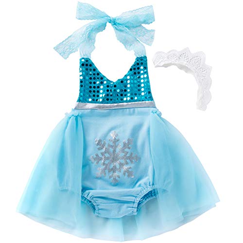 AGQT Little Girls Dress Up Mermaid Costume Princess Romper Halloween Costumes Princess Cosplay Romper Lace Bodysuit Size 12-24 Months Blue