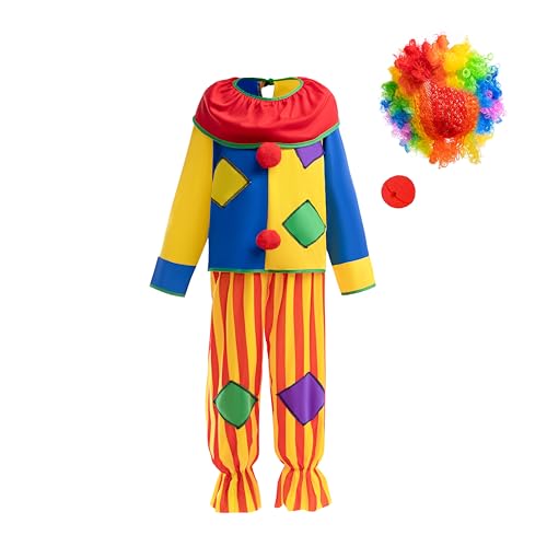 Lito Angels Vestito Costume Circo Clown con Parrucca Arcobaleno per Bambino e Bambina Taglia 7-9 anni (Etichetta in Tessuto 0M)