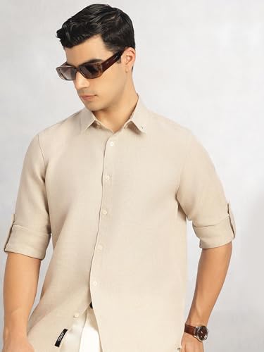 Image of Thomas Scott Men's | Solid | Textured Fabric | Full Sleeve | Slim Fit | Polyester-Blend | Spread Collar | Casual Shirt