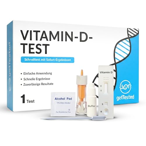 GetTested Vit-D-Heimtestkit Selbsttest auf Vit-D-Mangel Schnelle und genaue Ergebnisse Einfach zu verwenden Kein Labor erforderlich Enthält Lanzette Pufferslösung Testkassette Fingerstich-Bluttest